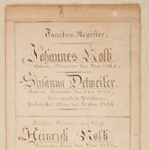 Family register for Johannes & Susanna Deweiler Kolb, 1858