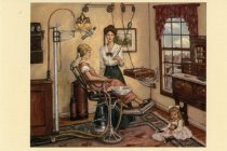 Female patient & dentist in practice drawing print