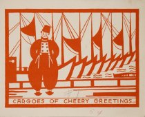 Werten Card Design with sail boats and "Cargoes of Cheery Greetings" sign
