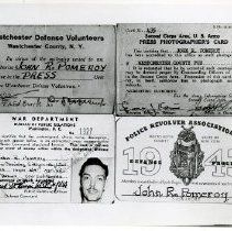 John R. "Jack" Pomeroy identification cards (Westchester Defense Volunteers, United States Army Second Corps Area, United States War Department, Westchester County Police Revolver Association)