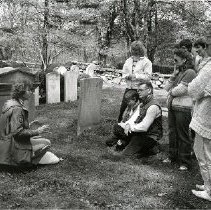 Allison Beall leading tour of Jay Cemetery - monument at the grave of John Jay at far left