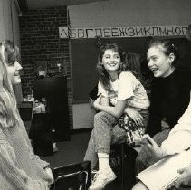 Student, Horace Greeley High School talking with visiting Russian students