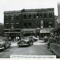 112-114 Main Street, after fire that killed firefighters Bernard Callahan and Salvatore Galasso (Bowman's Flowers, John Burger furs, First Marine Division Association, International Brotherhood of Electrical Works Local 1783, Grefe)