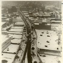 Aerial view of Post Road looking west from its intersection with South Broadway after a snowstorm