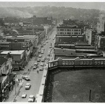 Aerial view looking west down Main Street (Grove Street on left)