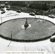 Aerial view of traffic circle at the intersection of Main Street and Broadway (Civil War monument), March 11, 1953.