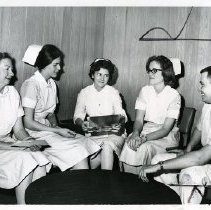 School of Nursing at United Hospital. Left to right: Frances Smith, Ann Miller, Patricia Malloy, Carol Lynch, James Flora.