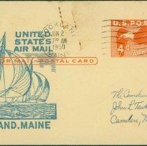 Commemorative cover/postcard, First Flight, Rockland/Camden, ME, 1950.