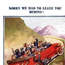 "Sorry we had to leave you behind!" comic auto wreck postcard