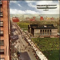 Color real photo postcard showing Walter Brookins in biplane over Chicago