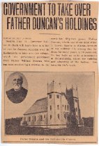 Newpaper clipping "Government to Take Over Father Duncan's Holdings"