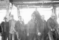 Totem pole moving crew at Sunny Point Cannery