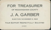 Jacob A. Garber treasurer campaign card, front, 1923