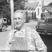 Italo Lanci outside the Mill Valley Record office, late 1950s