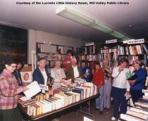 Volunteers preparing for Booksale. May 1990.