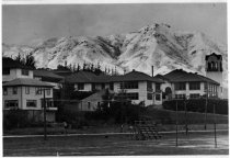 Snow covered Mt. Tamalpais with High School in foreground, circa 1920s