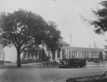 Old Mill School and school bus, circa 1930s