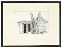 Framed pen and ink drawing depicts an adobe house at 205 West Blithedale.