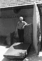 Richard O'Hanlon with his sculpture at the library, 1980