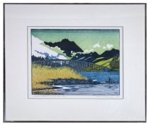 Woodblock print of Richardson Bay Bridge & Mt. Tam from near the heliport
