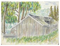 Unframed watercolor painting. Shows a barn with trees in the background.