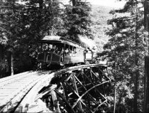 Mill Valley & Mt. Tamalpais Railway train crossing trestle, circa early 190