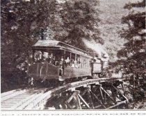 Mill Valley & Mt. Tamalpais Railway train crossing trestle, circa early 190
