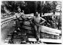 Workmen at railroad trestle, circa 1914
