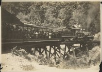 Mt. Tamalpais and Muir Woods Railway train crossing a trestle, 1900