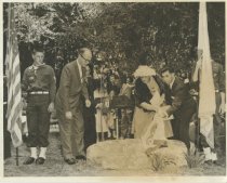A sepia photo showing The Old Mill placue unvailing, 1959