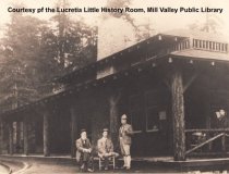 John Muir, William Kent, and J. H. Cutter at Muir Woods Inn, 1912