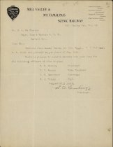 Letter from Mill Valley Railway's Sidney B. Cushing to J.A. McPherson