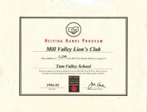 Mill Valley Lion's Club Tam Valley School award, circa 1994