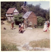 Actors and dog exiting the Mountain Play "Rip of the Mountain", 1962