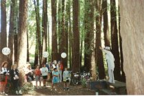 Marc Bruvry and Dick Spotswood enacting Mill Valley 1890 land auction, 1990