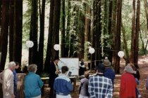 Marc Bruvry and Dick Spotswood enacting Mill Valley 1890 land auction, 1990