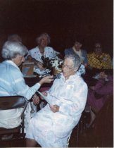 Karin Connelly speaking at an event at The Outdoor Art Club, 1980