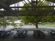 Edna Maguire School outdoor seating below roof, 2018