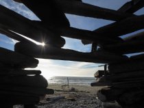 Steep Ravine Cabins driftwood shelter on beach, 2018