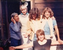 Elsa Gidlow, Jane Futcher, Marcelina Martin, Hallie Iglehart Austen, and Barbara Fisher at Gidlow's home in Druid Heights, circa 1982