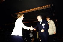 First Lady Rosalynn Carter Shaking Hands with David Lewis on Stage, 1980