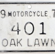 Oak Lawn Motorcycle License Plate, 1978