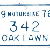 Oak Lawn Motorcycle License Plate, 1976