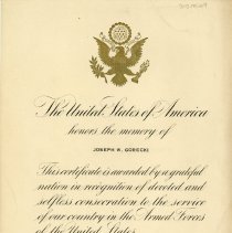 Joseph W. Gorecki Memorial Certificate