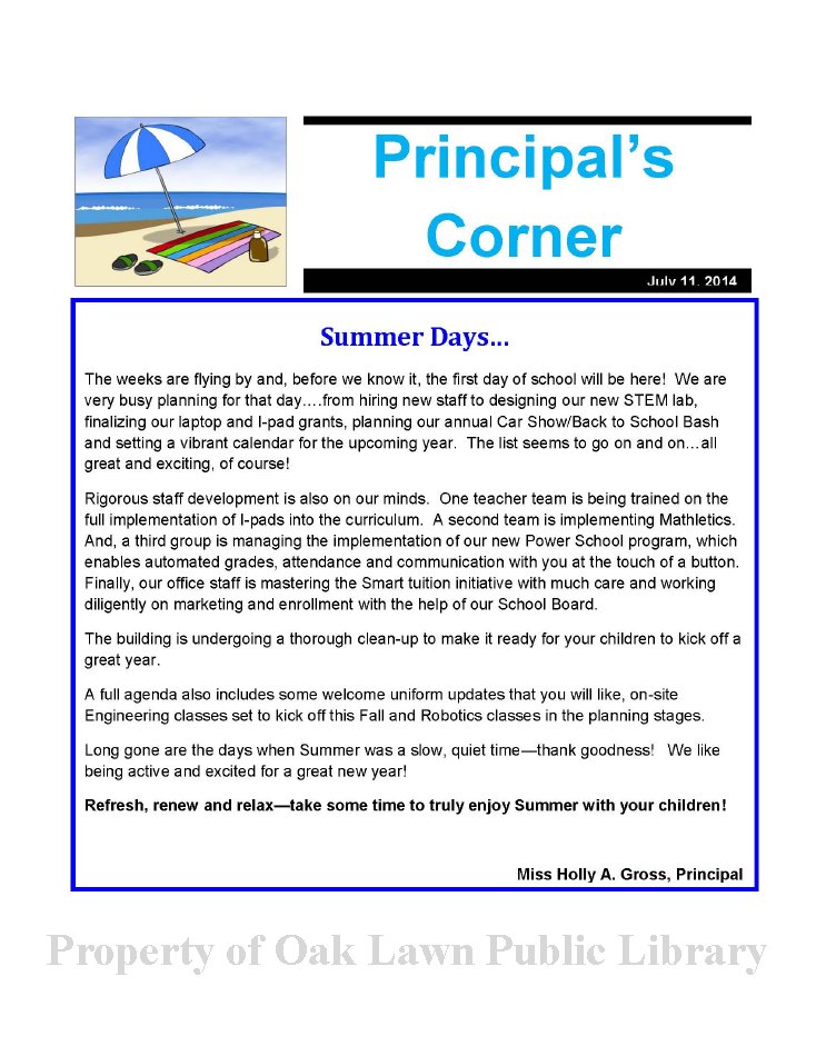 Principal S Corner 14 15 Newsletter Published By The Principal Of St Louis De Montfort School Holly A Gross During The 14 15 School Year Content Includes Information On Events Activities Policies And Calendars