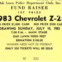 Oak Lawn Police Dept Raffle Ticket Stub, 1983