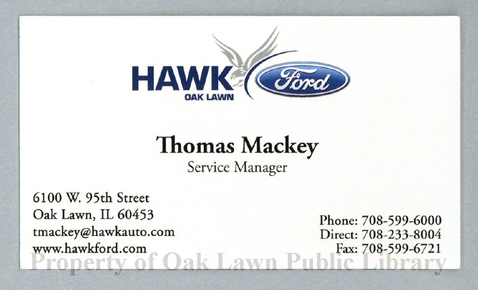Hawk Ford Business Card, 2016 Business card from Hawk Ford located at