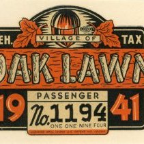 Oak Lawn Vehicle Sticker, 1941
