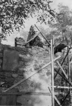 Mouns Jones House, detail of W eaves wall & restored gable masonry (1965)