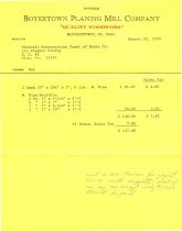 Boyertown Planing Mill invoice for DTH window sash & door molding (1974)